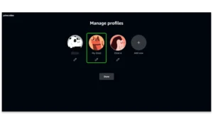 Screenshot of edit profile view on Prime Video with one profile highlighted.