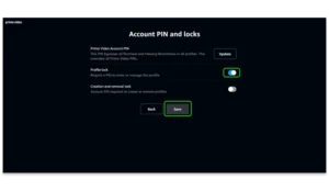 Screenshot of account holder's manage profile screen on Prime Video with the Profile lock toggle turned on.
